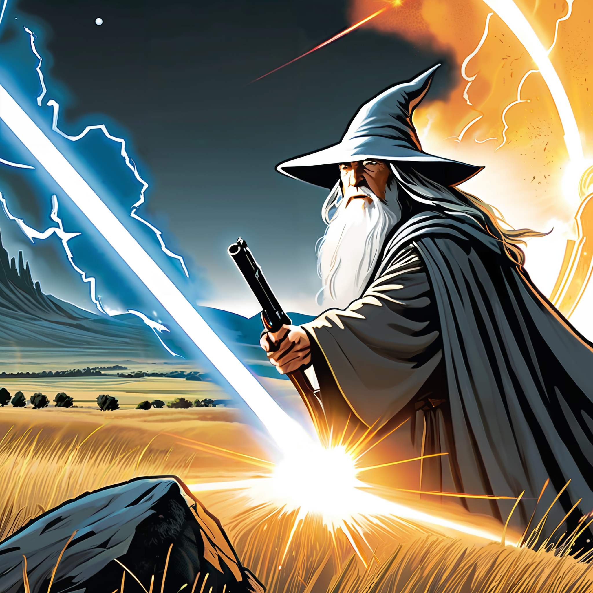 00050-1174161230-Gandalf the Grey holding   Assault Rifle shooting  glowing laser beams ,middle earth, plains, comicbook style, explotions, comic.png